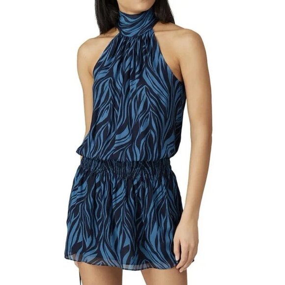 NWT RAMY BROOK Zebra Print Silk Sleeveless Halter smocked waist Mini Dress L - Picture 1 of 9